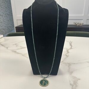 TOVA - Long Crystal Chain in Green Patina Wash with Chinoiserie Pendant